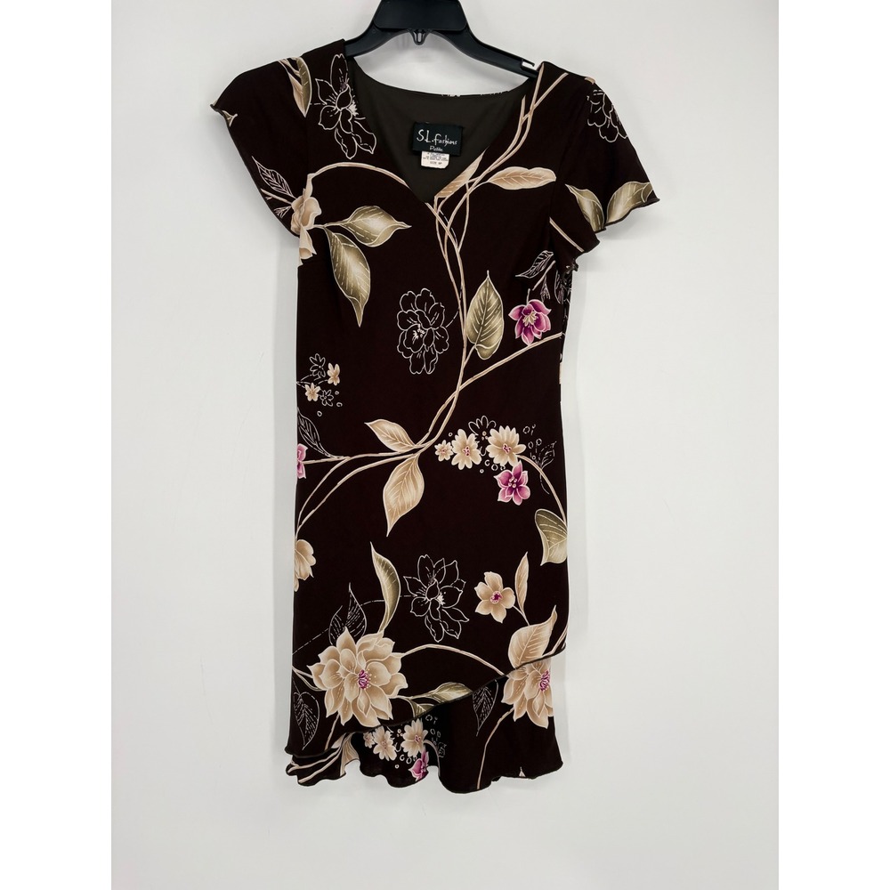 VTG S.L. Fashions Dress Women 8P Brown Floral Print Asymmetrical Hem V-Neck y2k